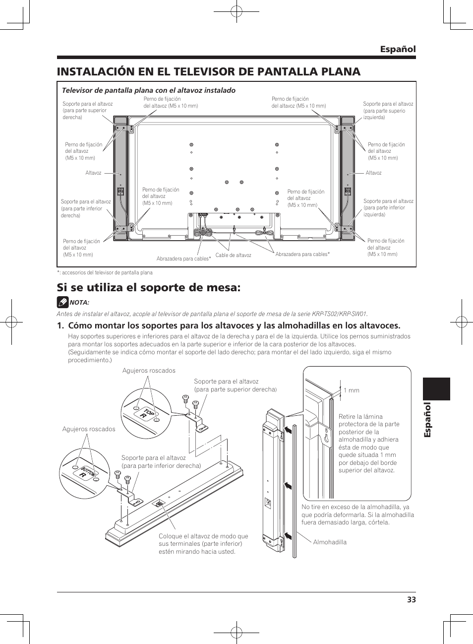 Instalación en el televisor de pantalla plana, Si se utiliza el soporte de mesa, Español | Pioneer KRP-S03 User Manual | Page 33 / 50