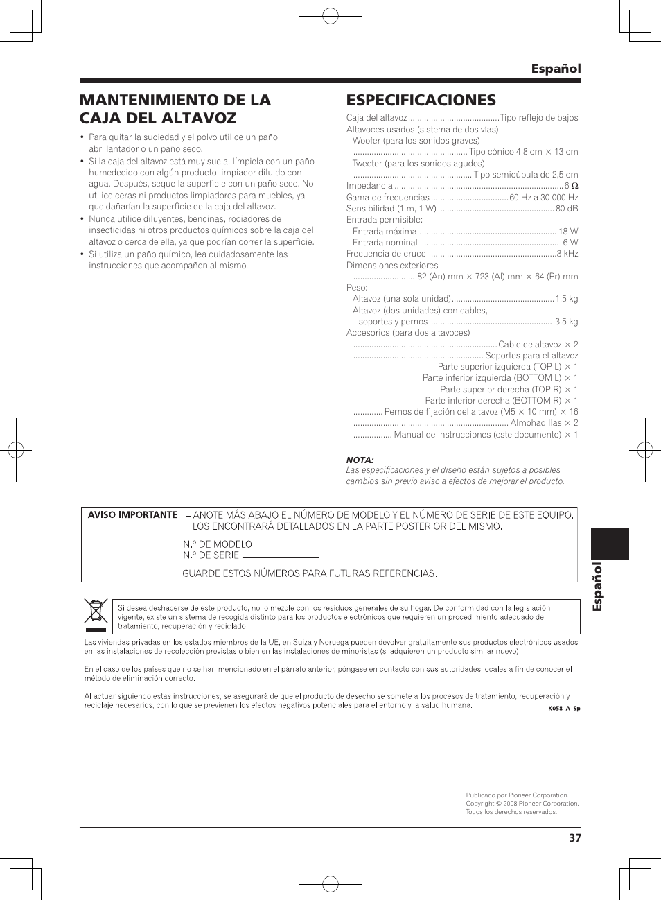 Especificaciones, Mantenimiento de la caja del altavoz, Español | Pioneer KRP-S03 User Manual | Page 37 / 50