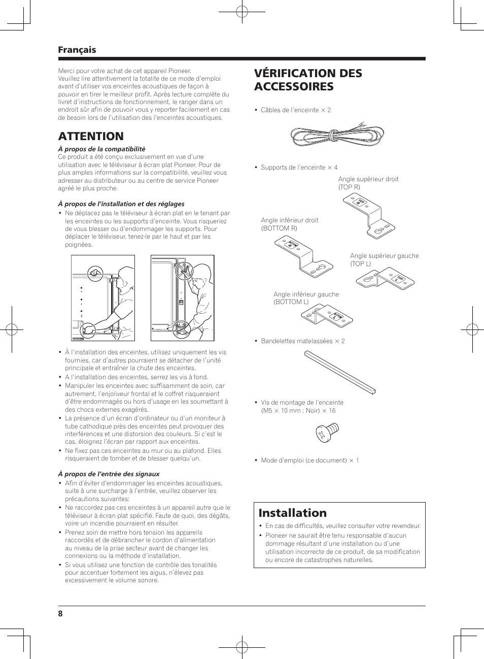 Attention, Vérification des accessoires, Installation | Français | Pioneer KRP-S03 User Manual | Page 8 / 50