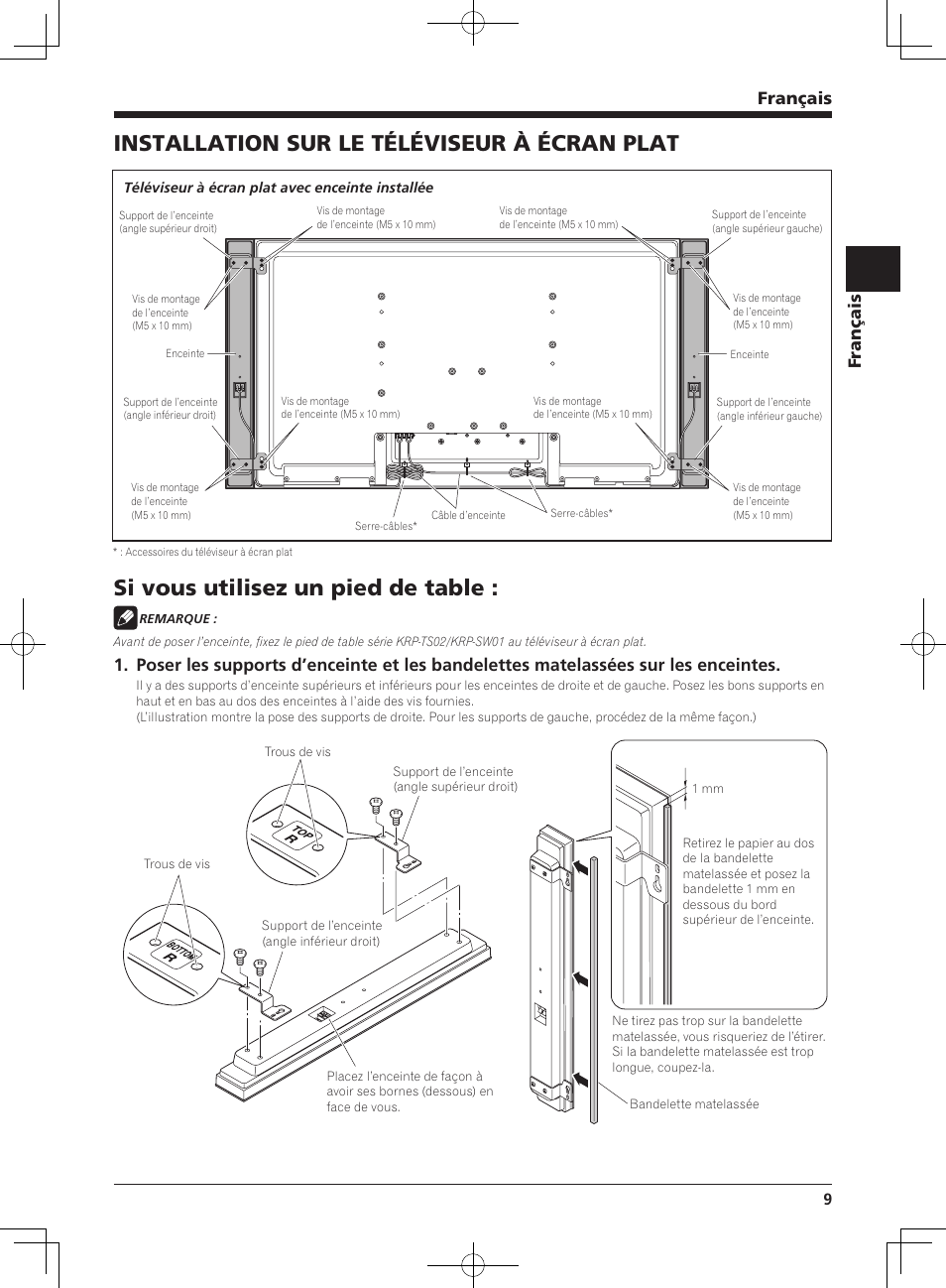 Installation sur le téléviseur à écran plat, Si vous utilisez un pied de table, Français | Pioneer KRP-S03 User Manual | Page 9 / 50