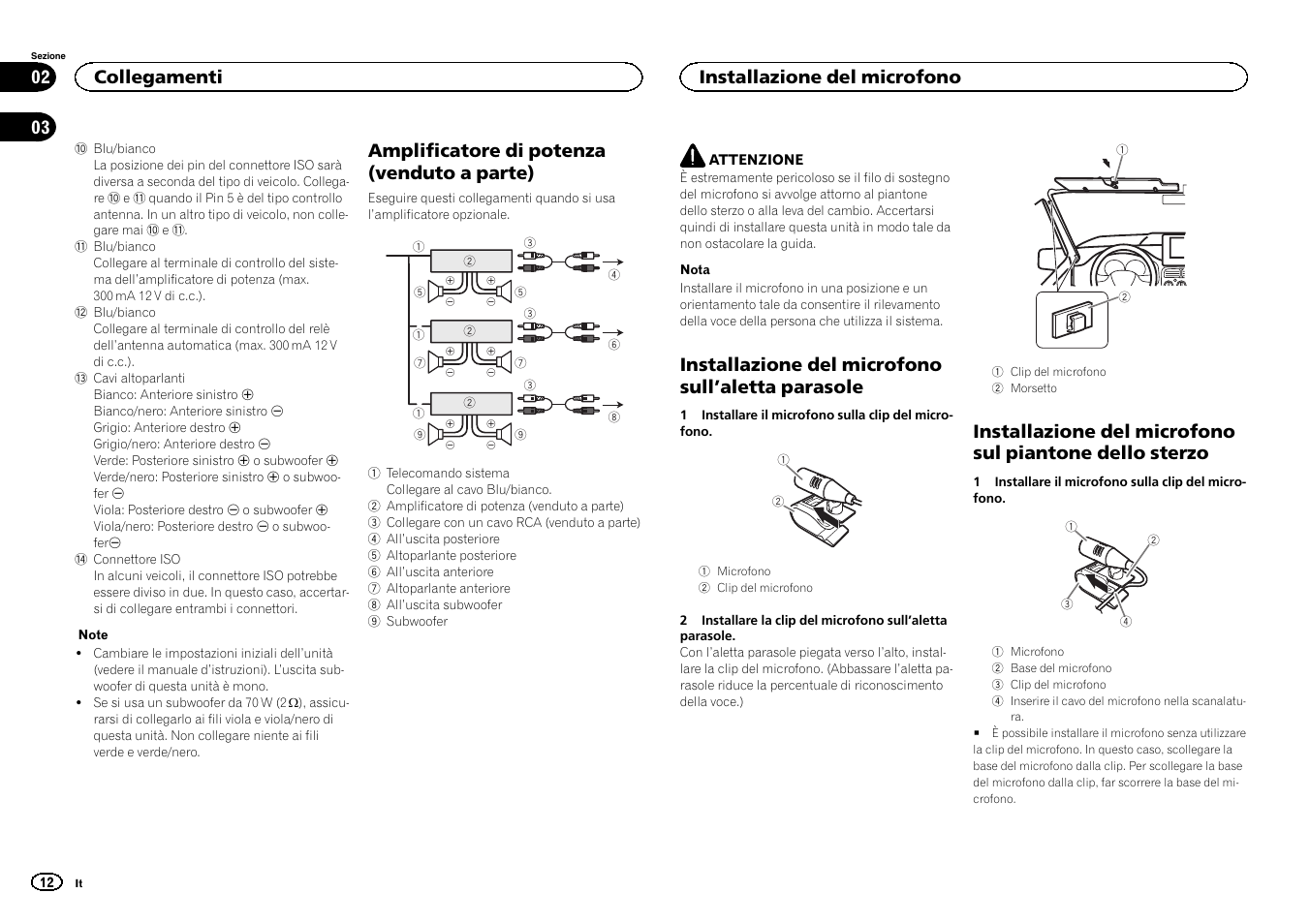 Amplificatore di potenza (venduto a parte), Installazione del microfono sull ’aletta parasole, Collegamenti | Installazione del microfono | Pioneer DEH-6400BT User Manual | Page 12 / 32