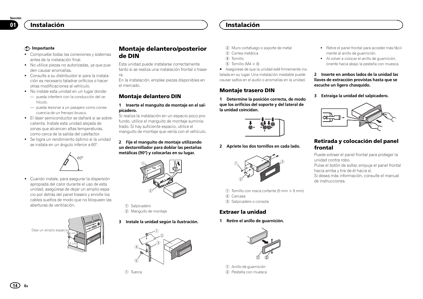 Español, Montaje delantero/posterior de din, Instalación | Pioneer DEH-6400BT User Manual | Page 14 / 32