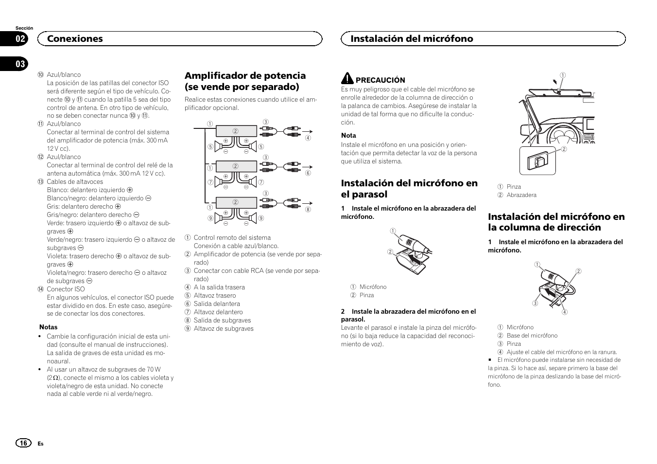 Amplificador de potencia (se vende por separado), Instalación del micrófono en el parasol, Conexiones | Instalación del micrófono | Pioneer DEH-6400BT User Manual | Page 16 / 32