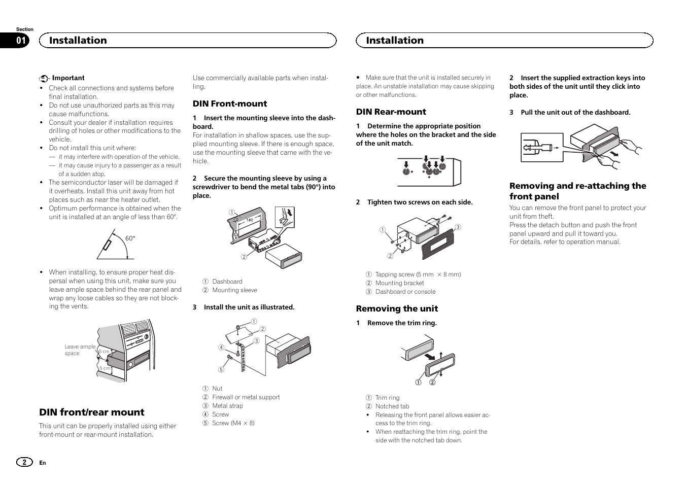 English, Din front/rear mount, Installation | Pioneer DEH-6400BT User Manual | Page 2 / 32