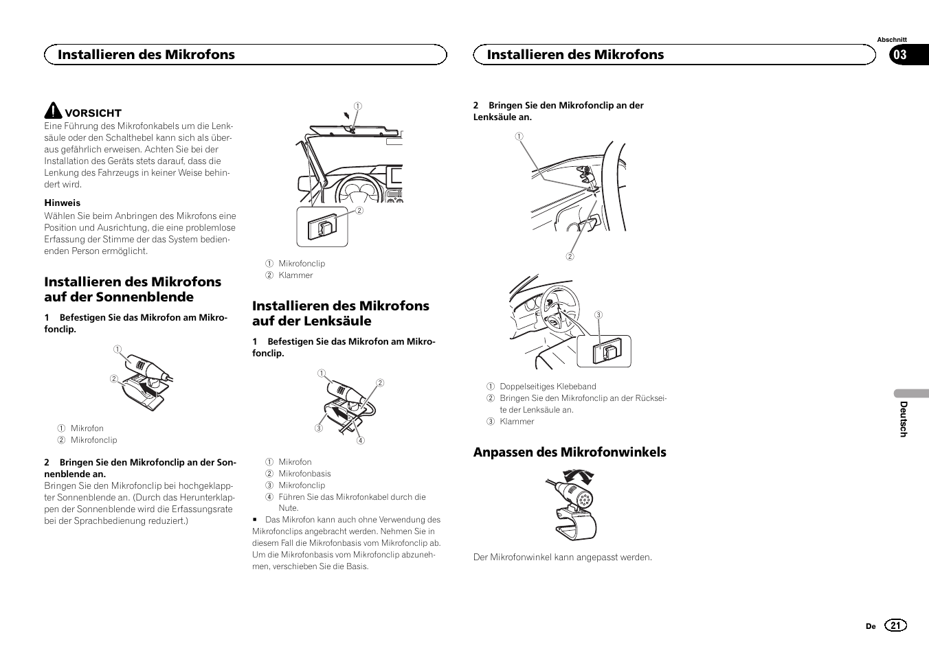 Installieren des mikrofons auf der sonnenblende, Installieren des mikrofons auf der lenksäule, Anpassen des mikrofonwinkels | Installieren des mikrofons | Pioneer DEH-6400BT User Manual | Page 21 / 32