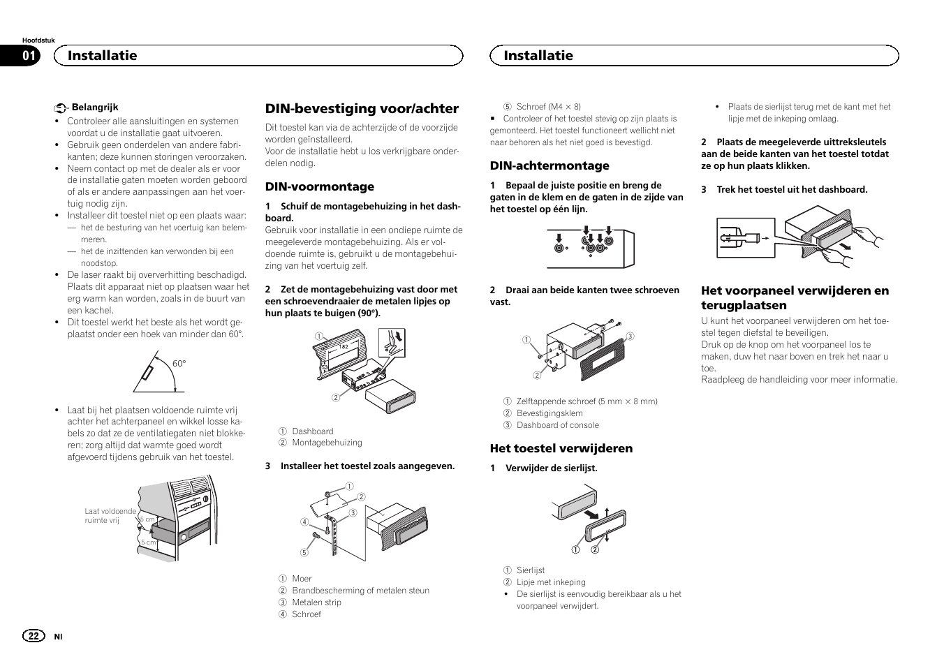 Nederlands, Din-bevestiging voor/achter, Installatie | Pioneer DEH-6400BT User Manual | Page 22 / 32