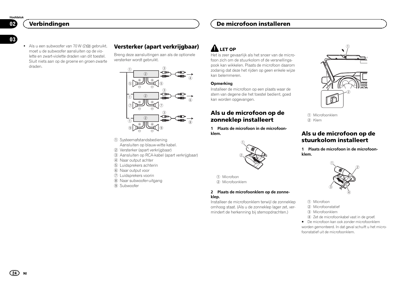 Versterker (apart verkrijgbaar), Als u de microfoon op de zonneklep installeert, Als u de microfoon op de stuurkolom installeert | Verbindingen, De microfoon installeren | Pioneer DEH-6400BT User Manual | Page 24 / 32