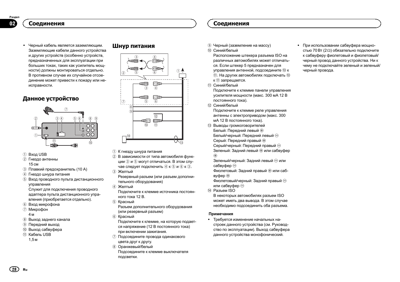 Данное устройство, Шнур питания, Соединения | Pioneer DEH-6400BT User Manual | Page 28 / 32