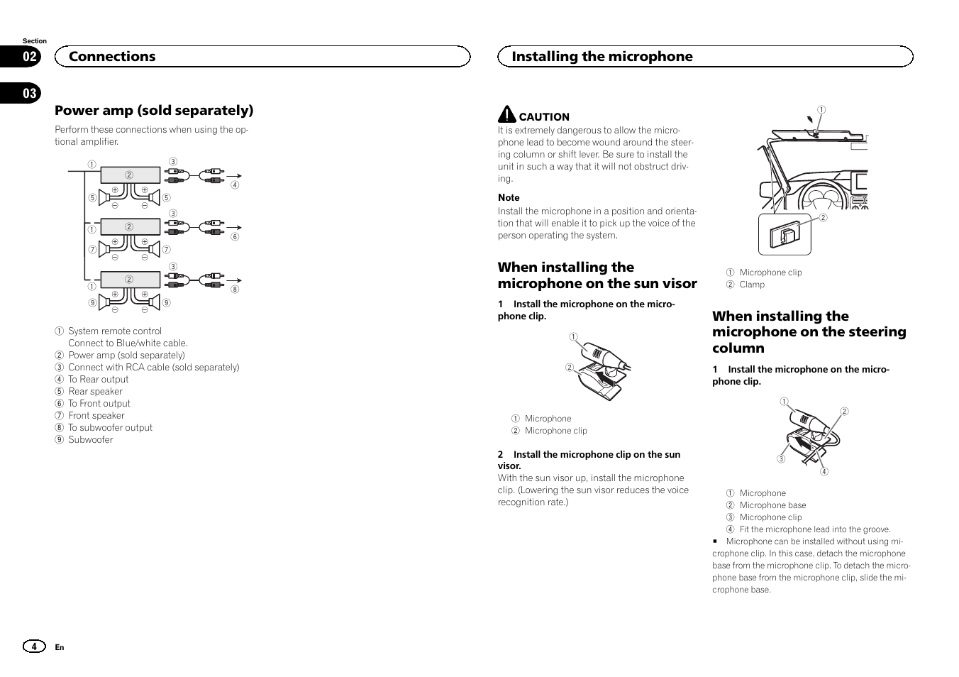 Power amp (sold separately), When installing the microphone on the sun visor, Connections | Installing the microphone | Pioneer DEH-6400BT User Manual | Page 4 / 32