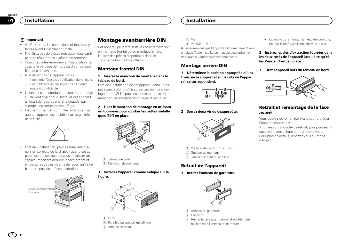 Français, Montage avant/arrière din, Installation | Pioneer DEH-6400BT User Manual | Page 6 / 32