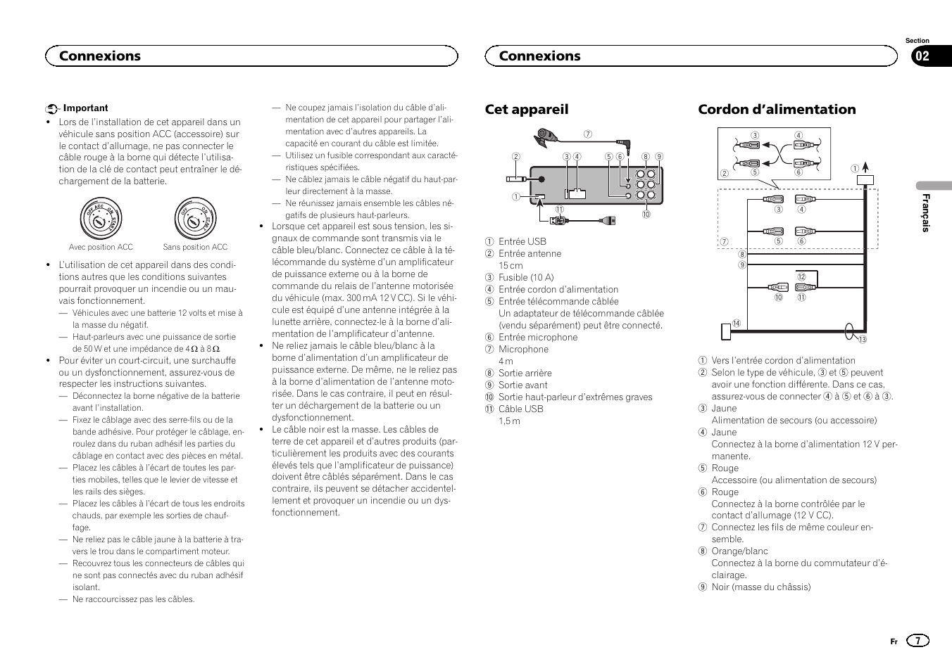 Cet appareil, Cordon d ’alimentation, Connexions | Pioneer DEH-6400BT User Manual | Page 7 / 32