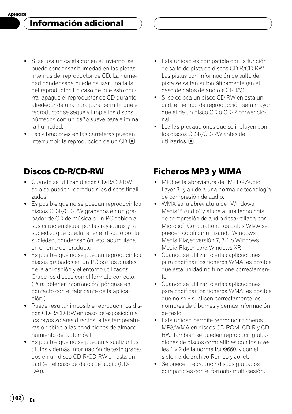 Discos cd-r/cd-rw 102, Ficheros mp3 y wma 102, Discos cd-r/cd-rw | Ficheros mp3 y wma, Información adicional | Pioneer DEH-P77MP User Manual | Page 102 / 112