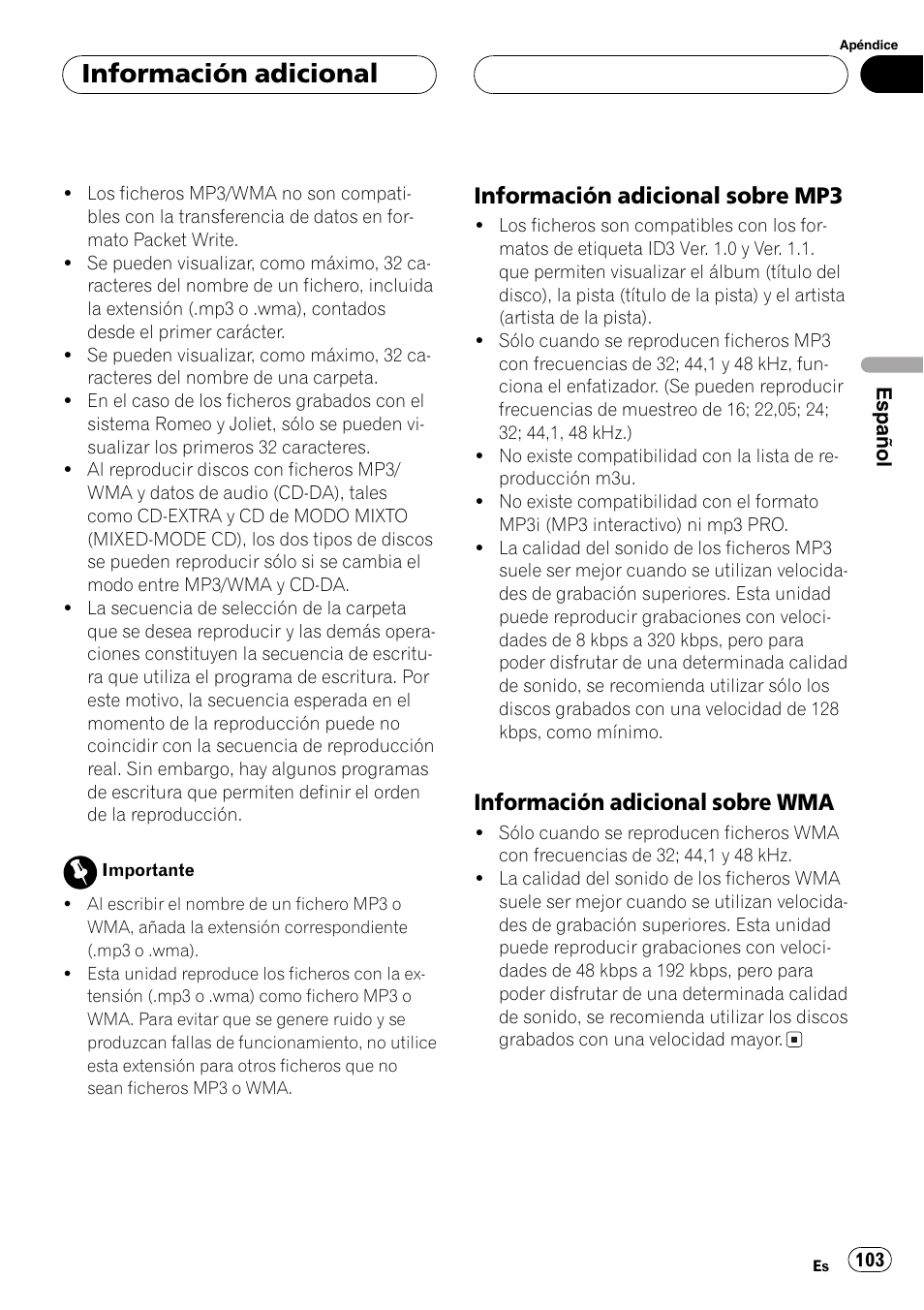 Información adicional sobre, Mp3 103, Wma 103 | Información adicional, Información adicional sobre mp3, Información adicional sobre wma | Pioneer DEH-P77MP User Manual | Page 103 / 112