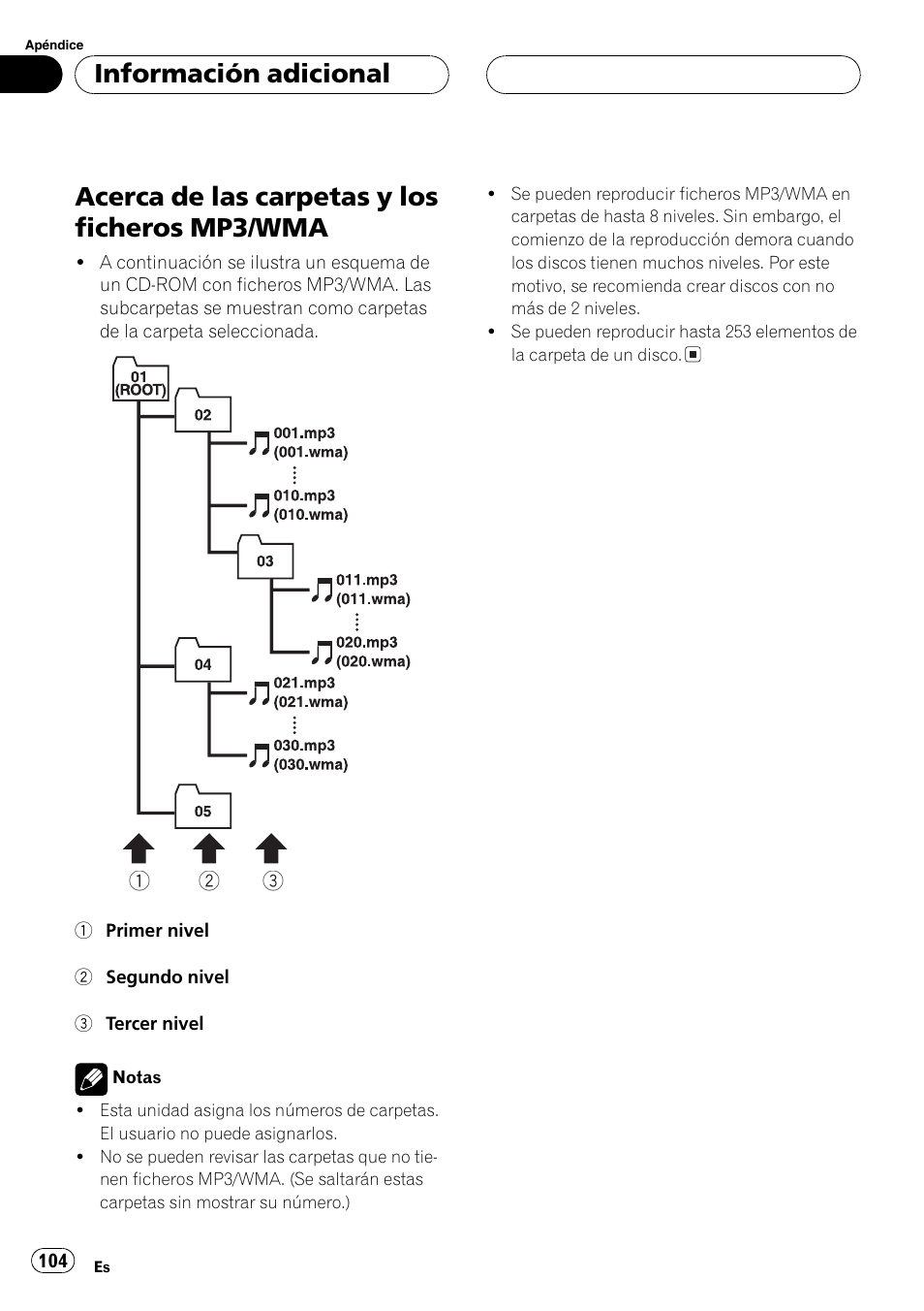 Acerca de las carpetas y los ficheros mp3, Wma 104, Acerca de las carpetas y los ficheros mp3/wma | Información adicional | Pioneer DEH-P77MP User Manual | Page 104 / 112