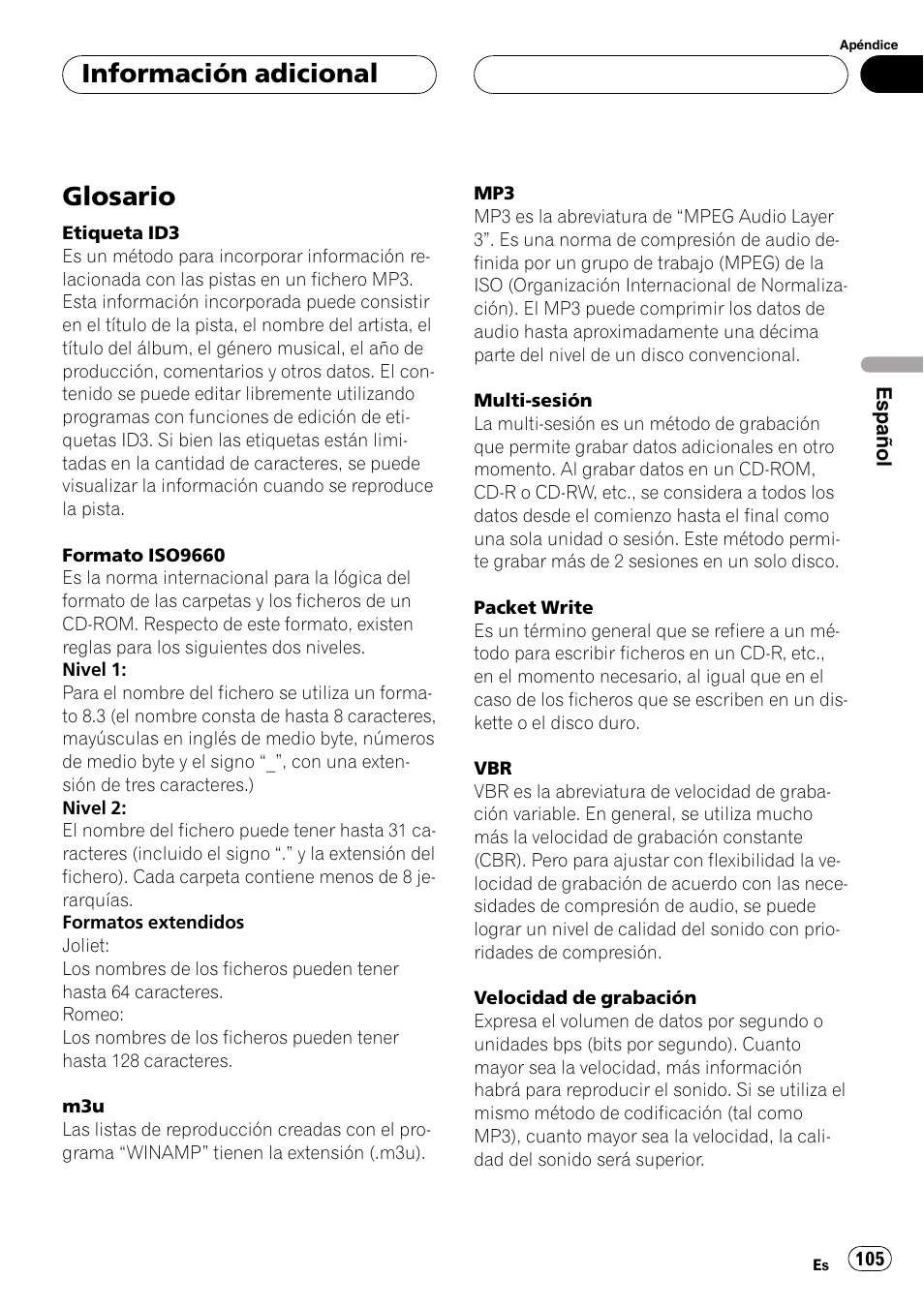 Glosario 105, Glosario, Información adicional | Pioneer DEH-P77MP User Manual | Page 105 / 112