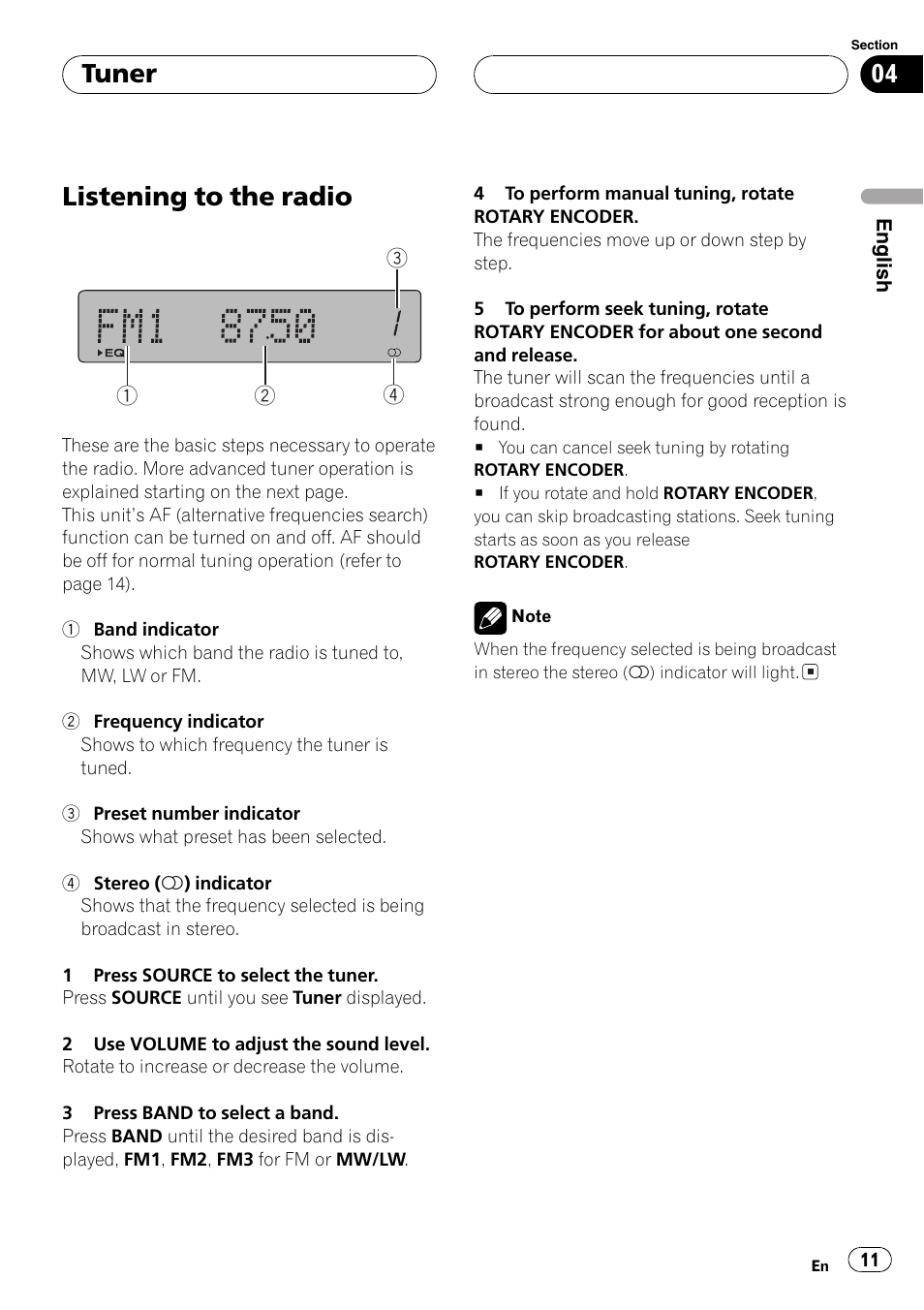 Tuner listening to the radio 11, Listening to the radio, Tuner | Pioneer DEH-P77MP User Manual | Page 11 / 112