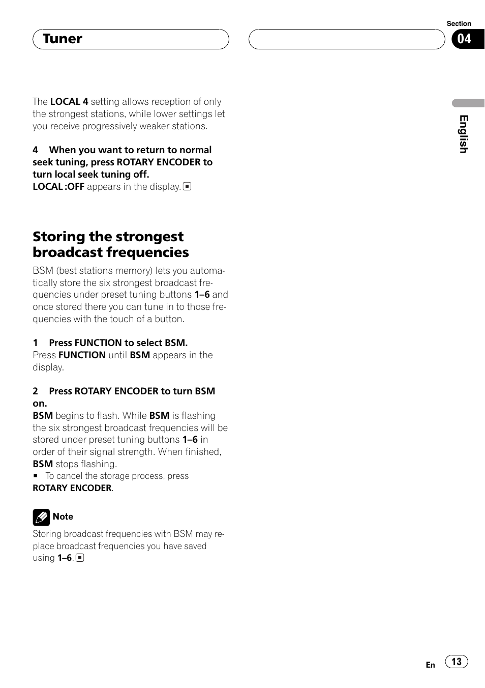 Storing the strongest broadcast, Frequencies 13, Storing the strongest broadcast frequencies | Tuner | Pioneer DEH-P77MP User Manual | Page 13 / 112