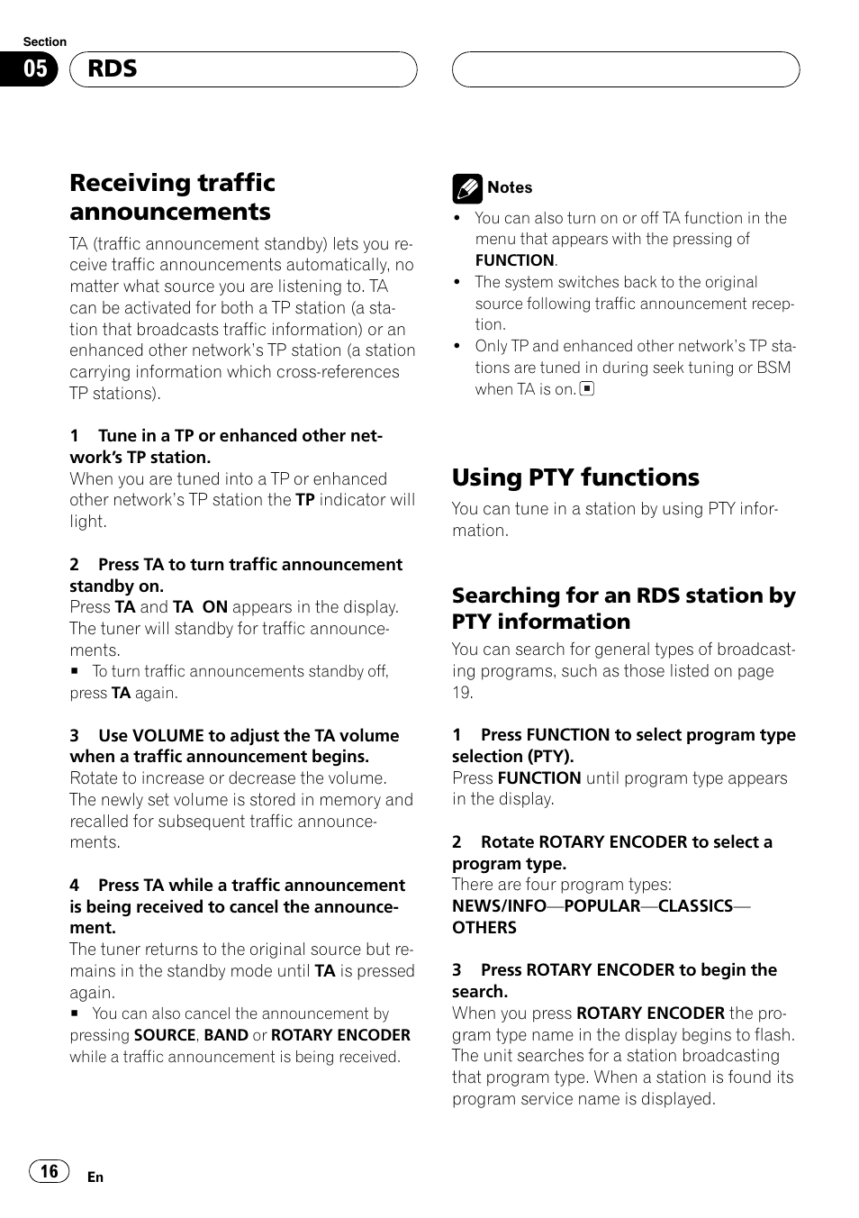 Searching for an rds station by pty, Information 16, Receiving traffic announcements | Using pty functions, Searching for an rds station by pty information | Pioneer DEH-P77MP User Manual | Page 16 / 112