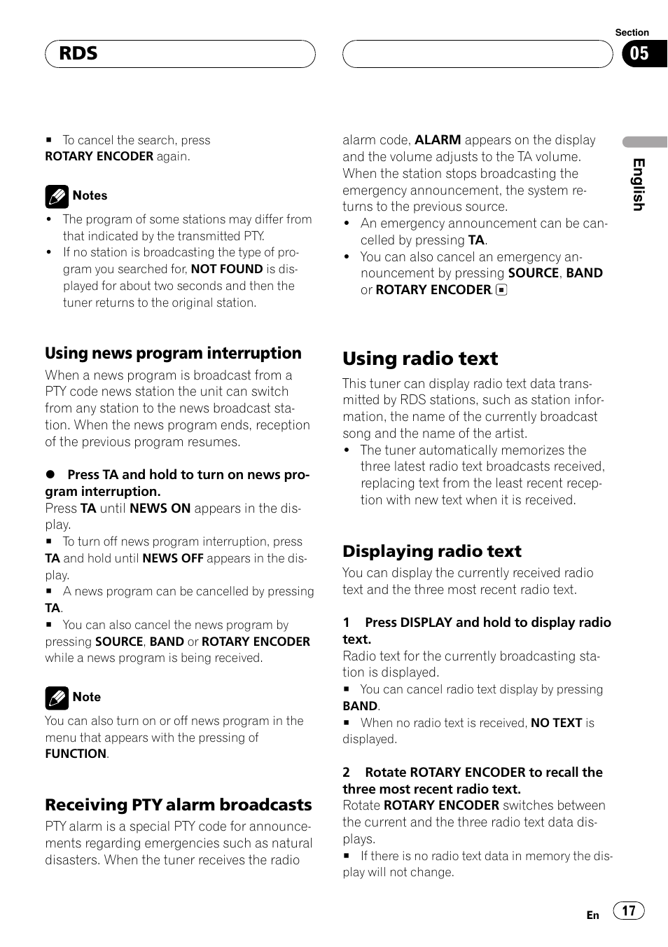 Using news program interruption 17, Receiving pty alarm broadcasts 17, Using radio text 17 | Displaying radio text 17, Using radio text, Using news program interruption, Receiving pty alarm broadcasts, Displaying radio text | Pioneer DEH-P77MP User Manual | Page 17 / 112