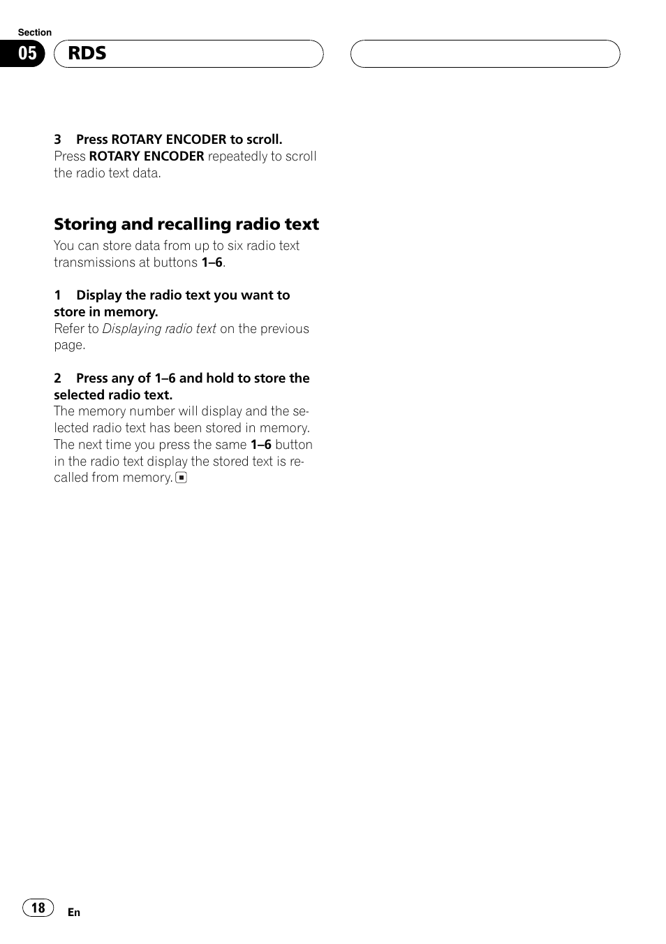 Storing and recalling radio text 18, Storing and recalling radio text | Pioneer DEH-P77MP User Manual | Page 18 / 112