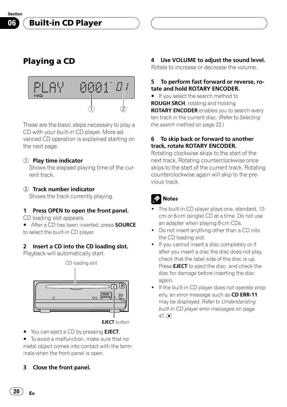 Built-in cd player playing a cd 20, Playing a cd, Built-in cd player | Pioneer DEH-P77MP User Manual | Page 20 / 112