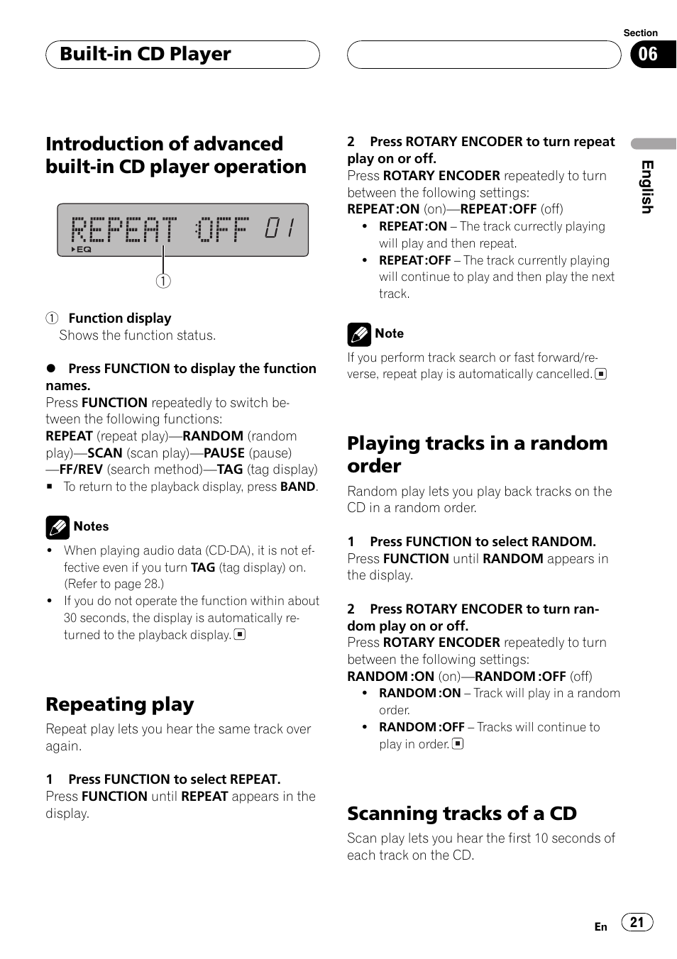 Introduction of advanced built-in cd player, Operation 21, Repeating play | Playing tracks in a random order, Scanning tracks of a cd, Built-in cd player | Pioneer DEH-P77MP User Manual | Page 21 / 112