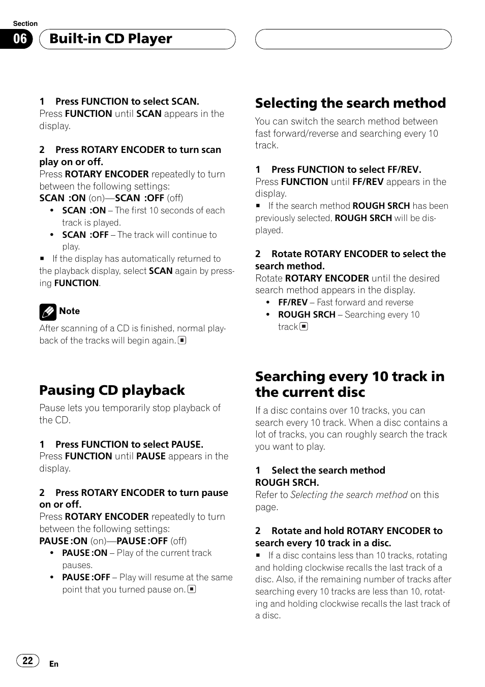 Disc 22, Pausing cd playback, Selecting the search method | Searching every 10 track in the current disc, Built-in cd player | Pioneer DEH-P77MP User Manual | Page 22 / 112