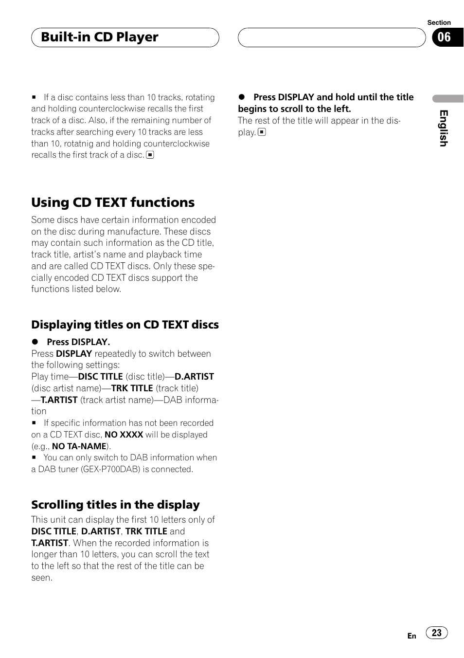 Using cd text functions 23, Displaying titles on cd text, Discs 23 | Scrolling titles in the display 23, Using cd text functions, Built-in cd player | Pioneer DEH-P77MP User Manual | Page 23 / 112