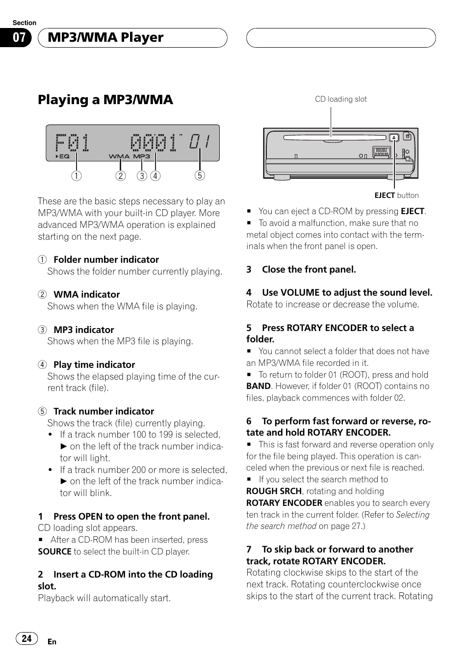 Mp3/wma player playing a mp3/wma 24, Playing a mp3/wma, Mp3/wma player | Pioneer DEH-P77MP User Manual | Page 24 / 112