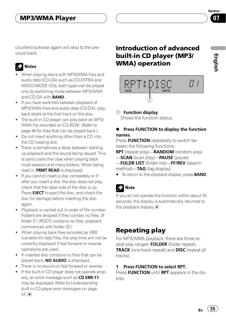Introduction of advanced built-in cd player, Mp3/wma) operation 25, Repeating play 25 | Repeating play, Mp3/wma player | Pioneer DEH-P77MP User Manual | Page 25 / 112