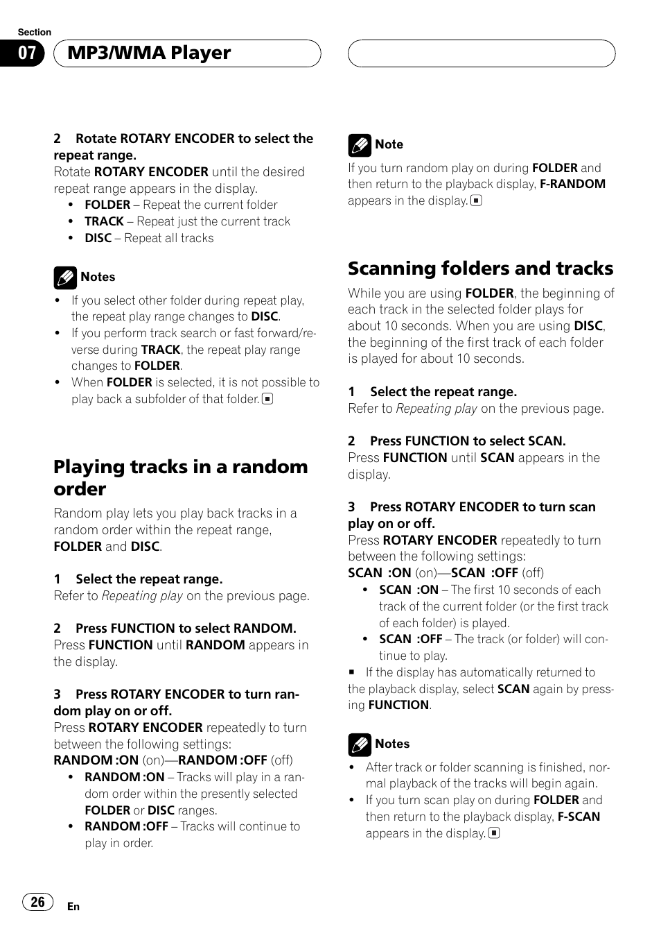 Playing tracks in a random order, Scanning folders and tracks, Mp3/wma player | Pioneer DEH-P77MP User Manual | Page 26 / 112