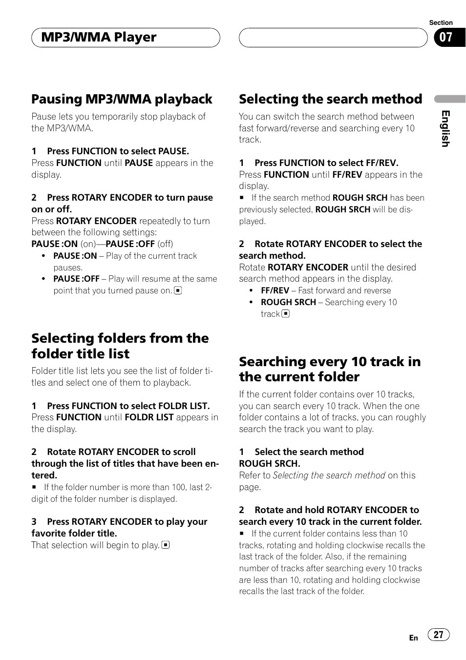 Folder 27, Pausing mp3/wma playback, Selecting folders from the folder title list | Selecting the search method, Searching every 10 track in the current folder, Mp3/wma player | Pioneer DEH-P77MP User Manual | Page 27 / 112