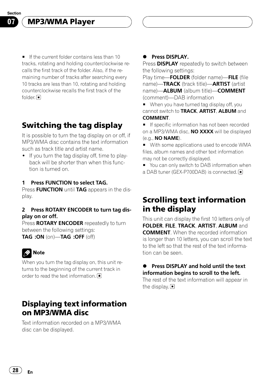 Disc 28, Scrolling text information in the display 28, Switching the tag display | Displaying text information on mp3/wma disc, Scrolling text information in the display, Mp3/wma player | Pioneer DEH-P77MP User Manual | Page 28 / 112