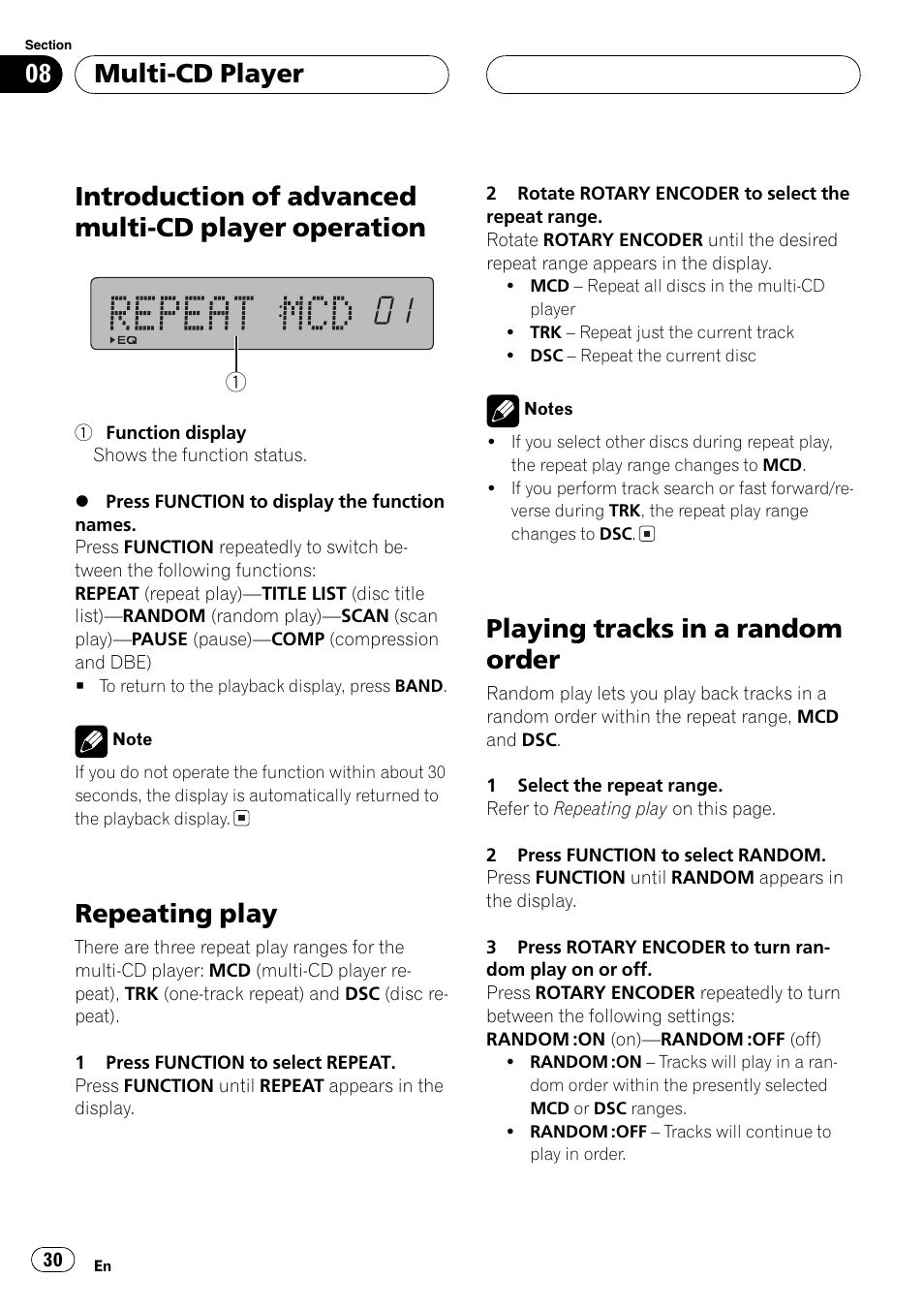 Introduction of advanced multi-cd player, Operation 30, Introduction of advanced multi-cd player operation | Repeating play, Playing tracks in a random order, Multi-cd player | Pioneer DEH-P77MP User Manual | Page 30 / 112