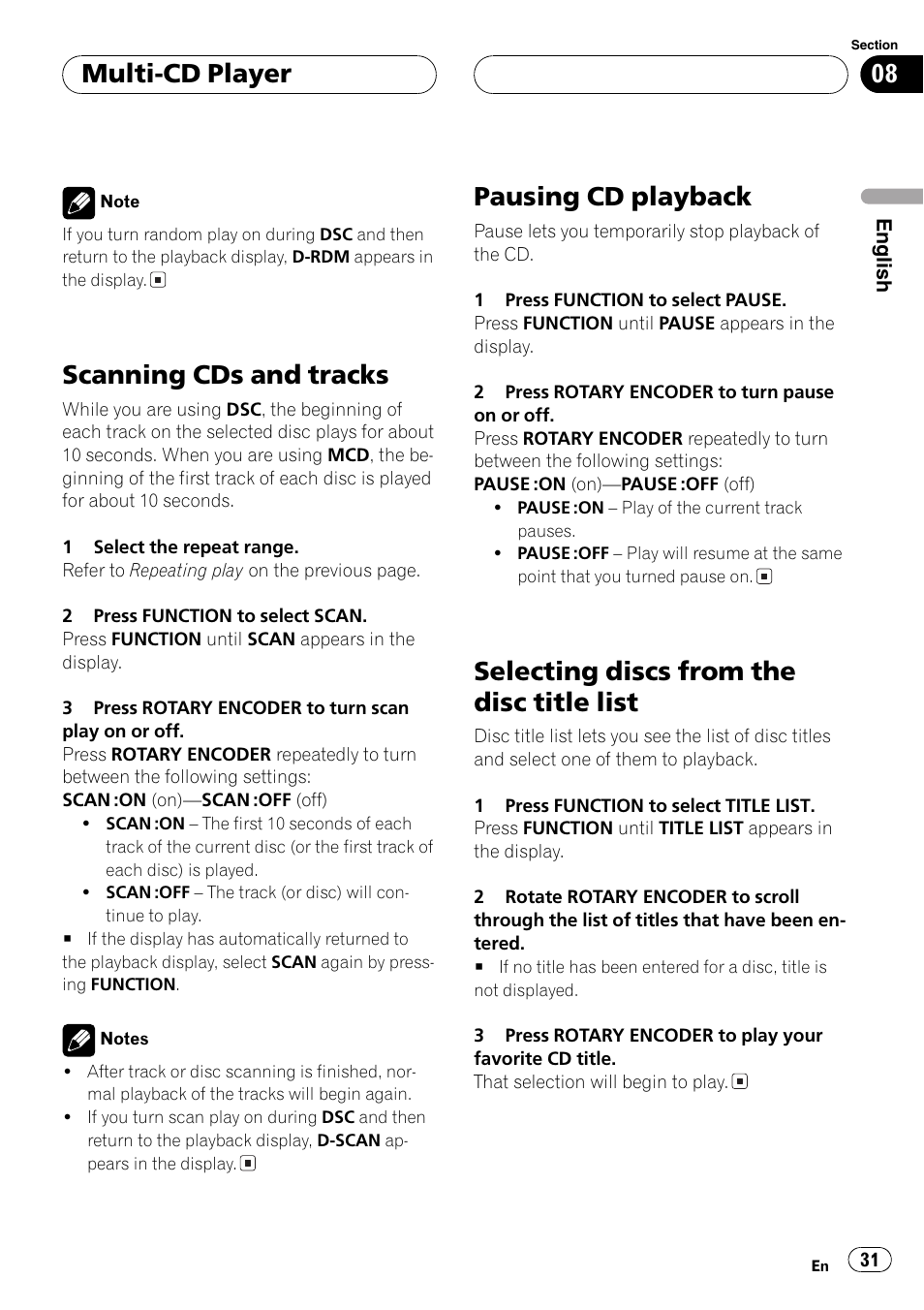 Scanning cds and tracks, Pausing cd playback, Selecting discs from the disc title list | Multi-cd player | Pioneer DEH-P77MP User Manual | Page 31 / 112