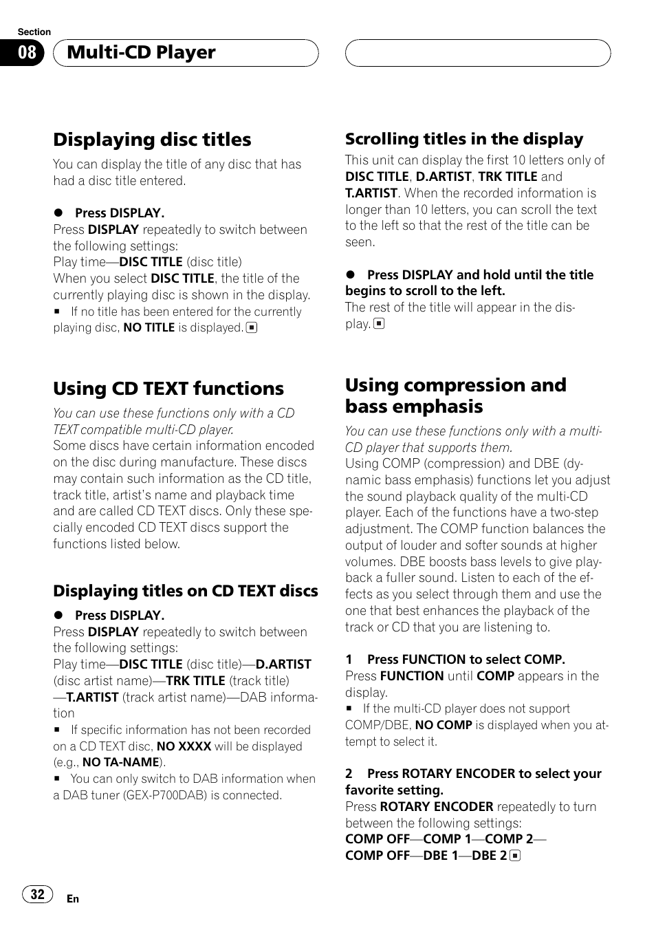 Displaying titles on cd text, Discs 32, Scrolling titles in the display 32 | Using compression and bass emphasis 32, Displaying disc titles, Using cd text functions, Using compression and bass emphasis, Multi-cd player | Pioneer DEH-P77MP User Manual | Page 32 / 112