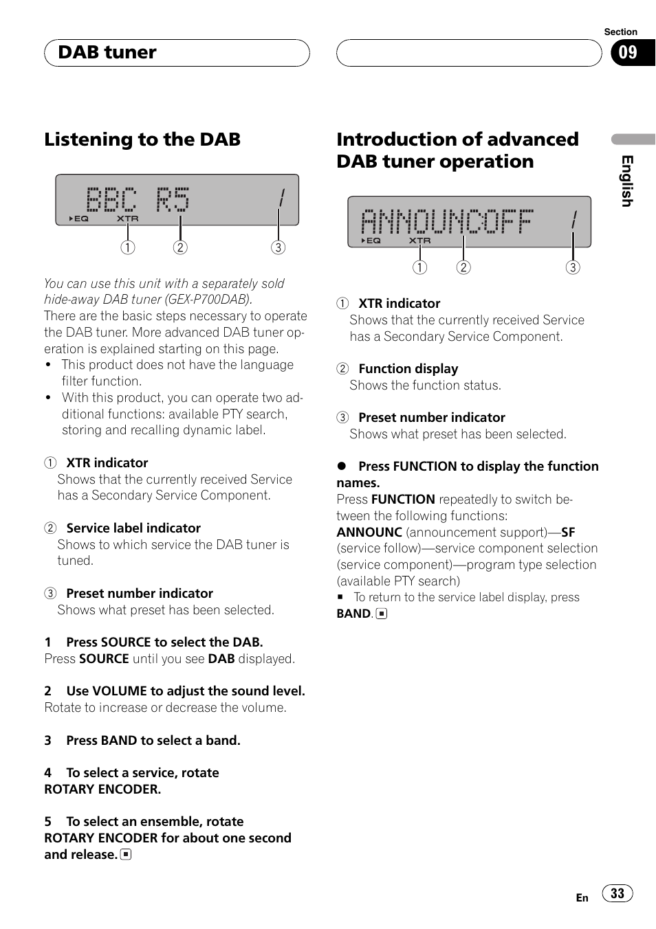 Operation 33, Listening to the dab, Introduction of advanced dab tuner operation | Dab tuner | Pioneer DEH-P77MP User Manual | Page 33 / 112