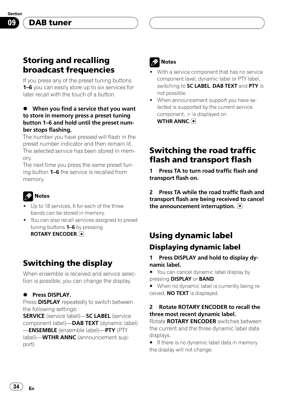 Storing and recalling broadcast, Frequencies 34, Flash 34 | Using dynamic label 34, Displaying dynamic label 34, Storing and recalling broadcast frequencies, Switching the display, Using dynamic label, Dab tuner | Pioneer DEH-P77MP User Manual | Page 34 / 112