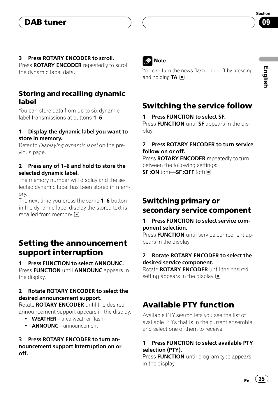 Storing and recalling dynamic, Label 35, Setting the announcement support | Interruption 35, Switching the service follow 35, Switching primary or secondary service, Component 35, Available pty function 35, Setting the announcement support interruption, Switching the service follow | Pioneer DEH-P77MP User Manual | Page 35 / 112