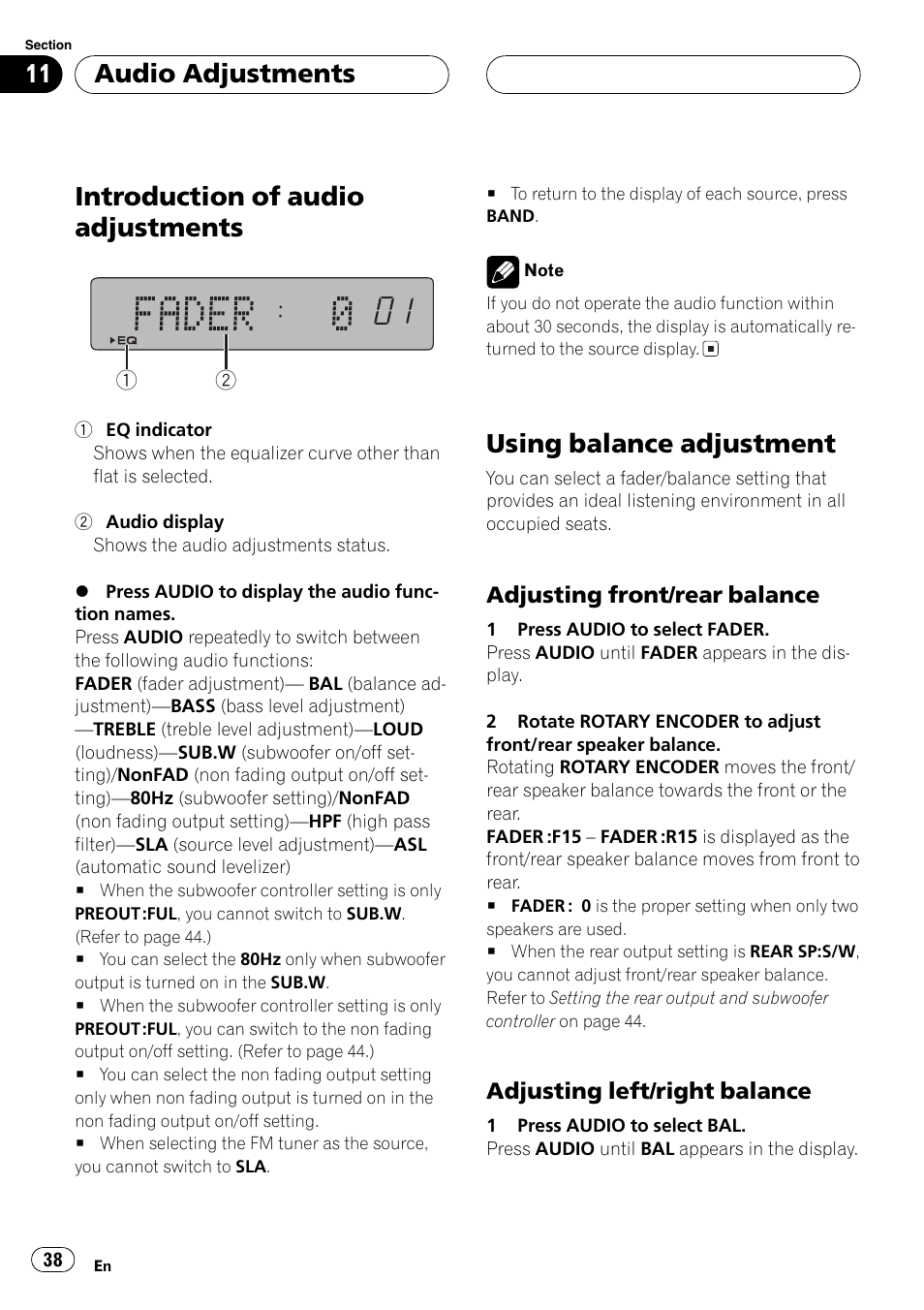 Adjusting front/rear balance 38, Adjusting left/right balance 38, Introduction of audio adjustments | Using balance adjustment, Audio adjustments | Pioneer DEH-P77MP User Manual | Page 38 / 112