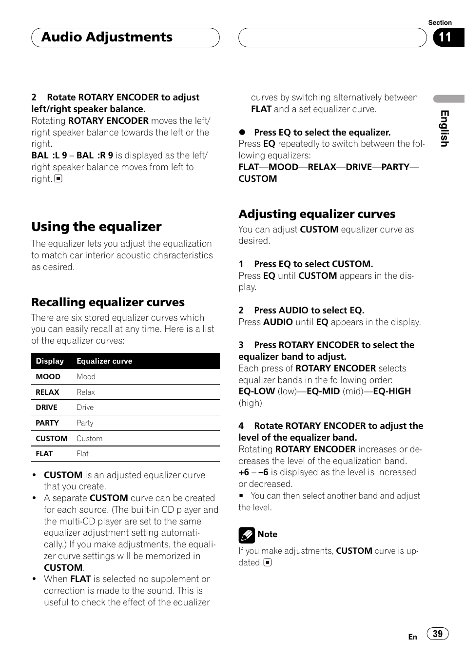 Using the equalizer 39, Recalling equalizer curves 39, Adjusting equalizer curves 39 | Using the equalizer, Audio adjustments, Recalling equalizer curves, Adjusting equalizer curves | Pioneer DEH-P77MP User Manual | Page 39 / 112