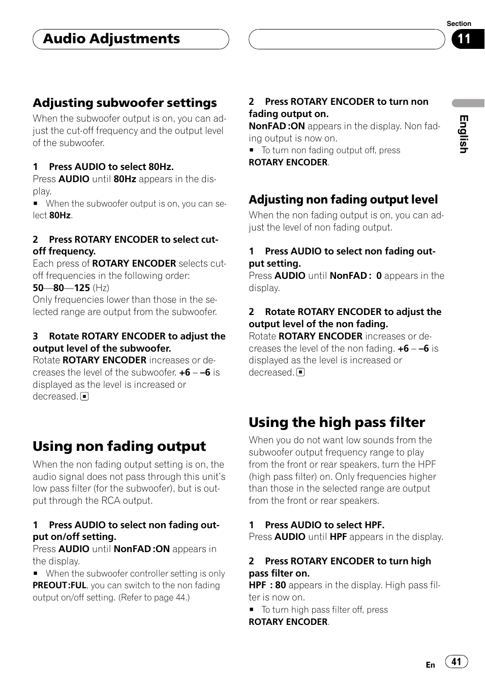 Adjusting subwoofer settings 41, Using non fading output 41, Adjusting non fading output level 41 | Using the high pass filter 41, Using non fading output, Using the high pass filter, Audio adjustments, Adjusting subwoofer settings, Adjusting non fading output level | Pioneer DEH-P77MP User Manual | Page 41 / 112