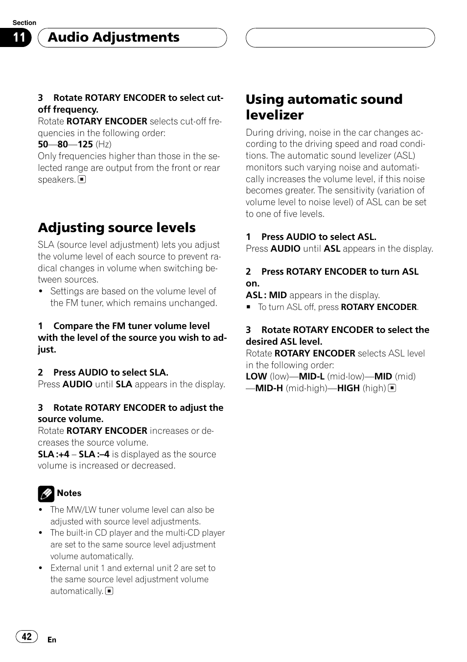 Adjusting source levels, Using automatic sound levelizer, Audio adjustments | Pioneer DEH-P77MP User Manual | Page 42 / 112