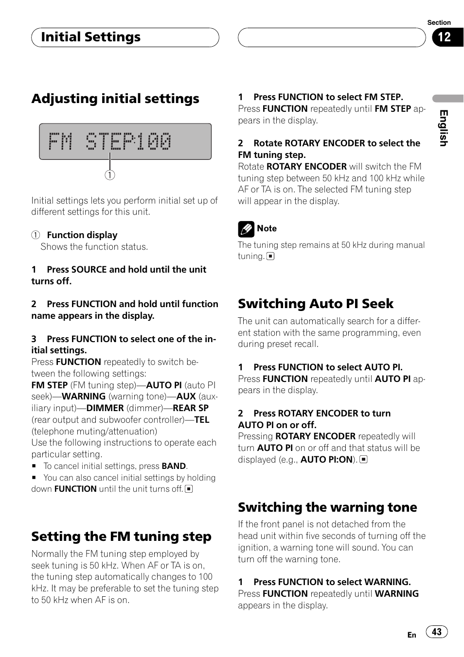 Adjusting initial settings, Setting the fm tuning step, Switching auto pi seek | Switching the warning tone, Initial settings | Pioneer DEH-P77MP User Manual | Page 43 / 112