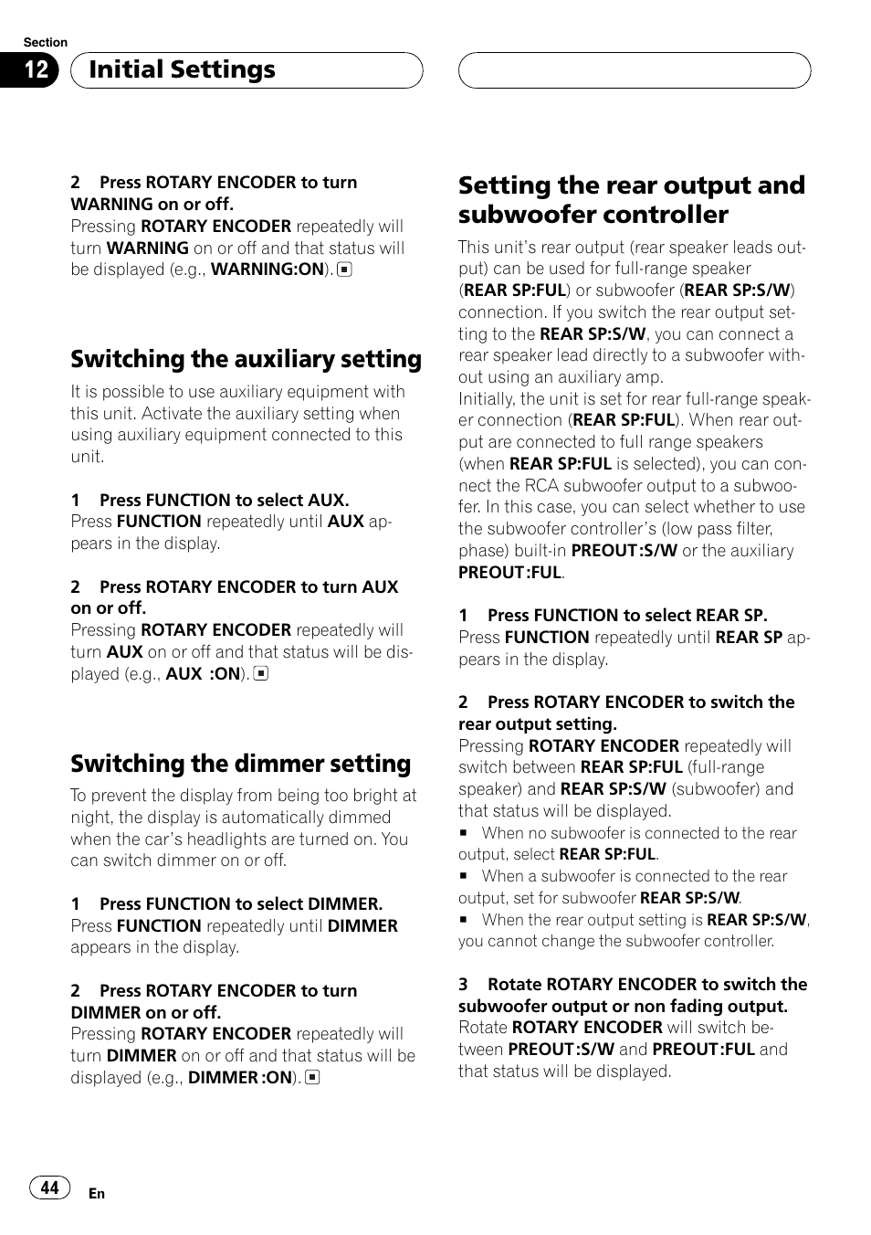 Controller 44, Switching the auxiliary setting, Switching the dimmer setting | Setting the rear output and subwoofer controller, Initial settings | Pioneer DEH-P77MP User Manual | Page 44 / 112