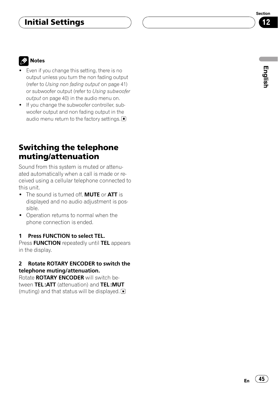 Switching the telephone muting, Attenuation 45, Switching the telephone muting/attenuation | Initial settings | Pioneer DEH-P77MP User Manual | Page 45 / 112