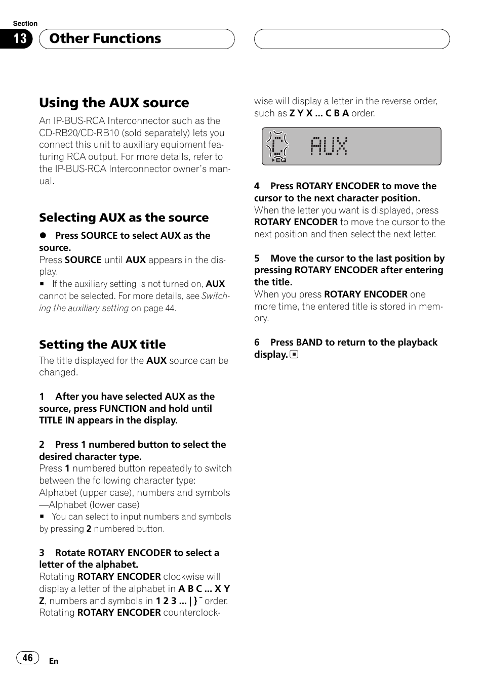 Other functions using the aux source 46, Selecting aux as the source 46, Setting the aux title 46 | Using the aux source, Other functions, Selecting aux as the source, Setting the aux title | Pioneer DEH-P77MP User Manual | Page 46 / 112
