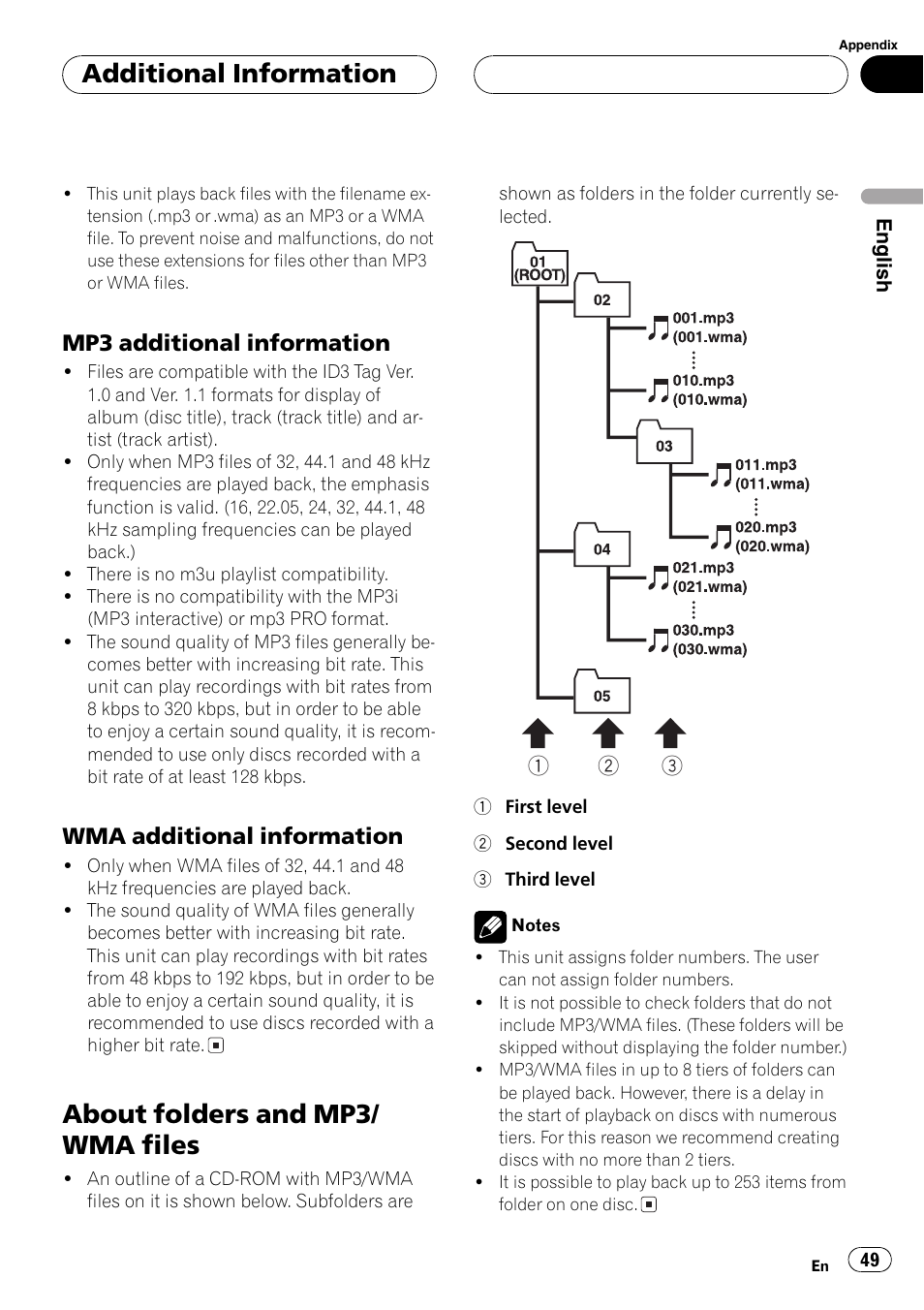 Mp3 additional information 49, Wma additional information 49, About folders and mp3/wma files 49 | About folders and mp3/ wma files, Additional information, Mp3 additional information, Wma additional information | Pioneer DEH-P77MP User Manual | Page 49 / 112