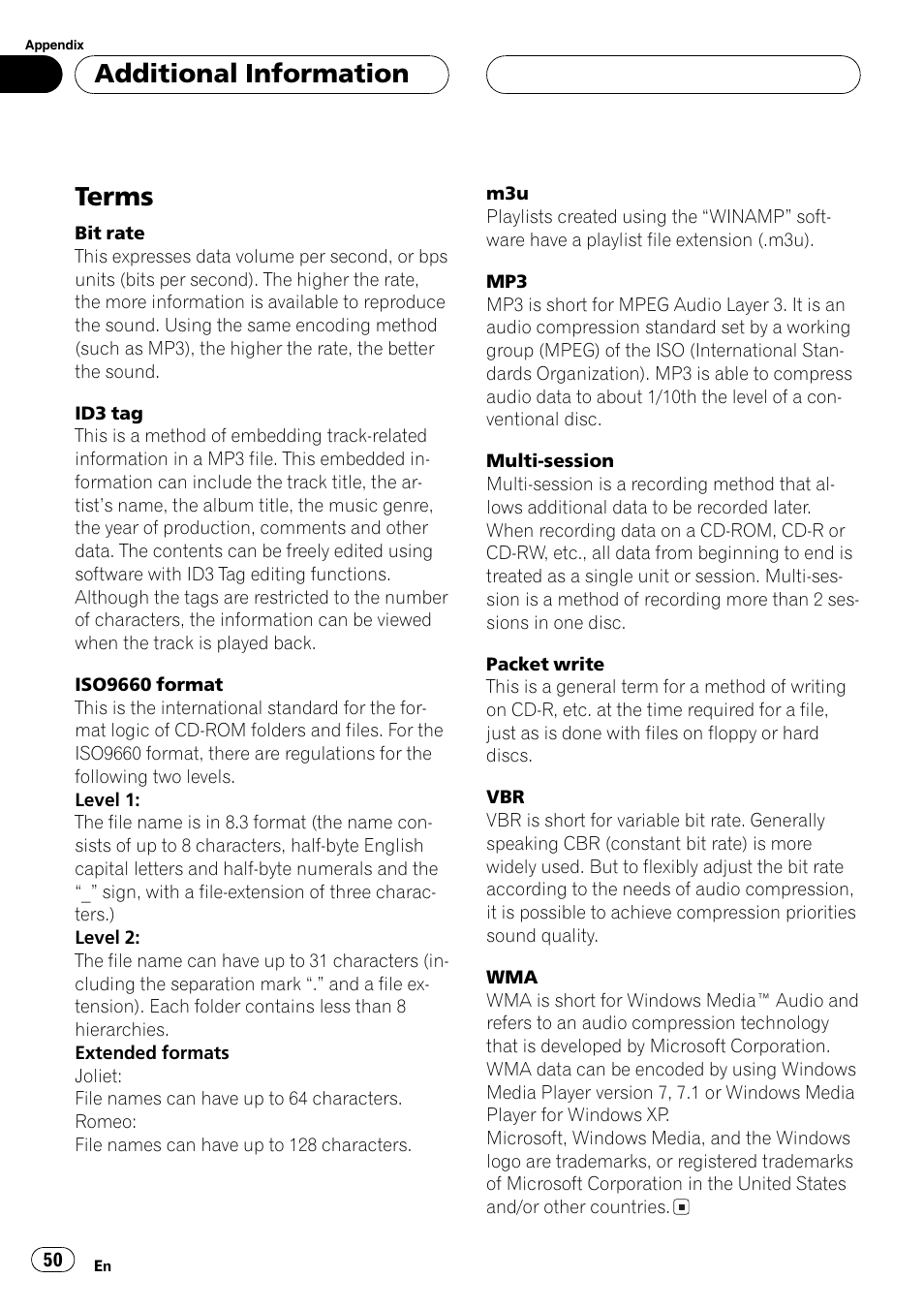 Terms 50, Terms, Additional information | Pioneer DEH-P77MP User Manual | Page 50 / 112