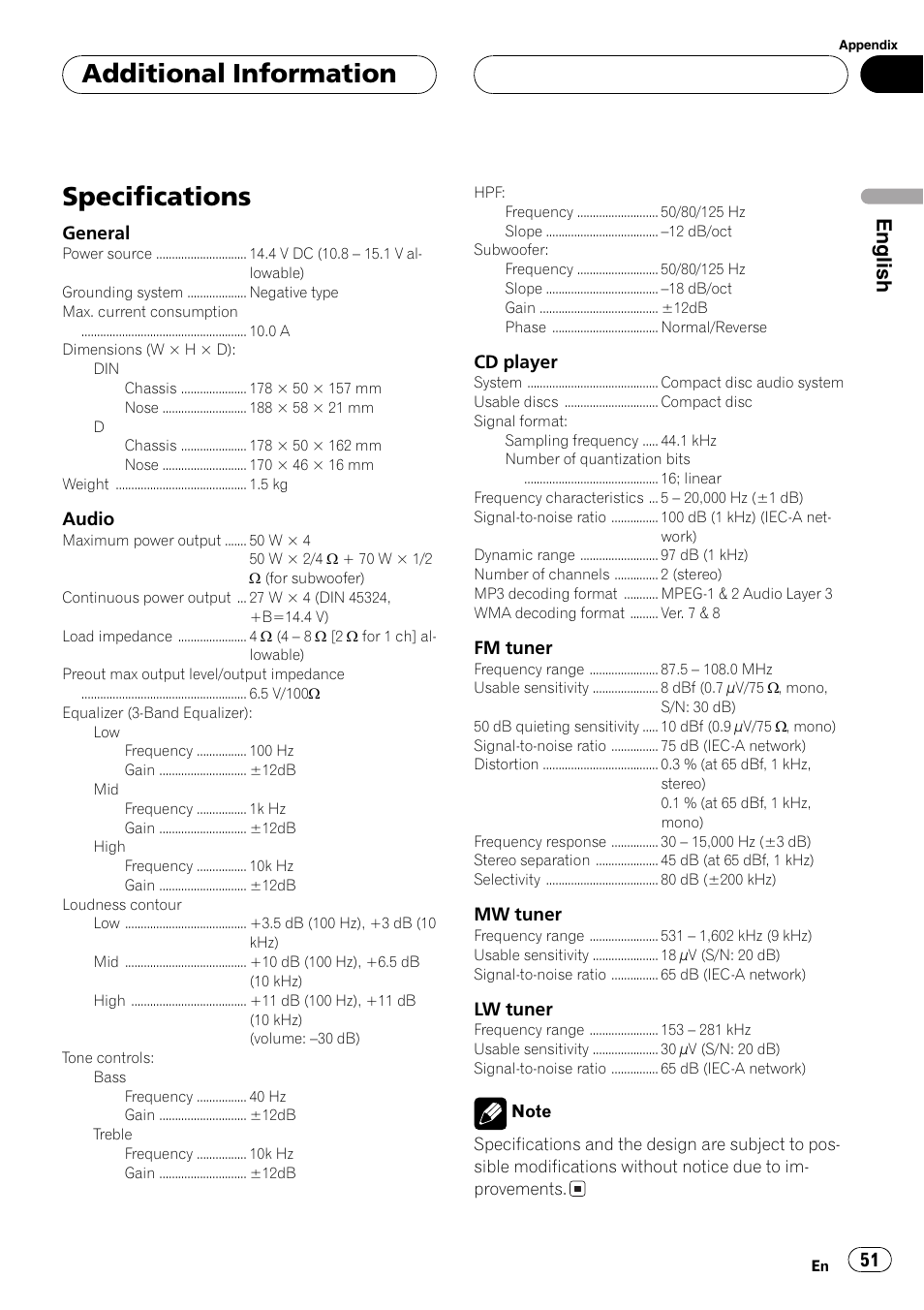 Specifications 51, Specifications, Additional information | English | Pioneer DEH-P77MP User Manual | Page 51 / 112